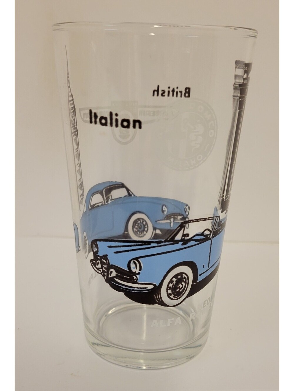 Vtg Anchor Hocking Glass Tumbler Car British Italian Sunbeam Alpine Alfa Romeo